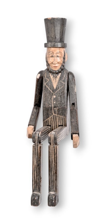 Abe Lincoln Wood Carved Jointed Doll: 32" x 6" x 3.25".