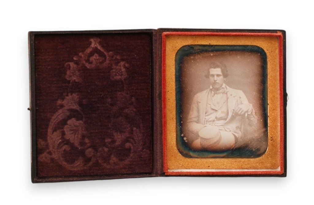 Joseph Mora Moss, Ambrotype c.1855 California: From the John Coffee Hays, Applewhite-Clark Collection. Ambrotype of Joseph Moravia Moss, San Francisco banker and business associate of Hays. Moss built a fortune in banking, ice and fur importing, r