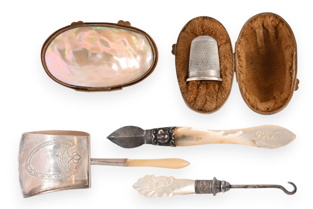 Collection of Victorian Silver & Pearl Items: Mother-of-pearl cased Birmingham Sterling silver marked thimble; Silver Shovel Caddy spoon w/ mother-of pearl handle, marked for Birmingham 1807; Mother-of-pearl handle ink scraper and hook.