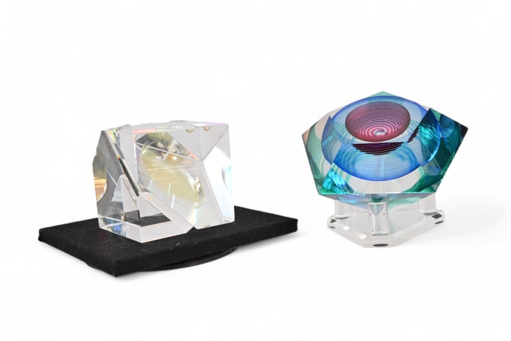 Studio Art Glass Collection (Pair): Toland Sand Art Glass Millenium cube (4.25") does have one edge nick, Kit Karbler & Michael David glass prism (does have some edge issues), 5"x7"x7".