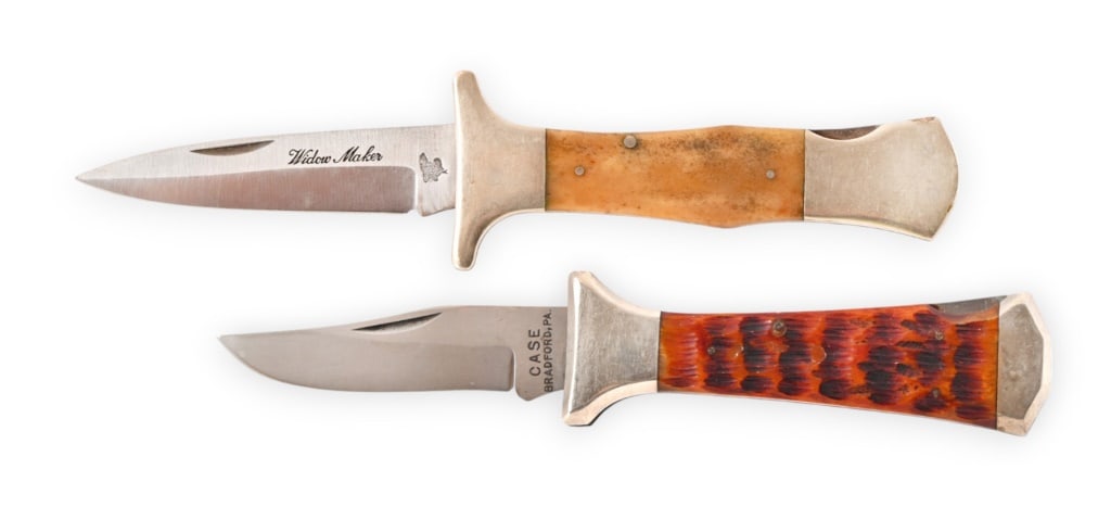(2) Vintage Coffin Handle Folding Knives: Antler handle CASE, Bradford PA marked on 3.25" blade. Bone handle "Widow Maker" folding knife by Frost Cutlery, "Surgical Steel' marked 3.25" blade.