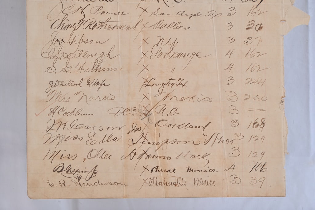 Menger Hotel San Antonio Texas 1900 Register Page: Circa 1900 for Saturday, Oct. 27 Register on front and back framed 16.75" x 22.25".
