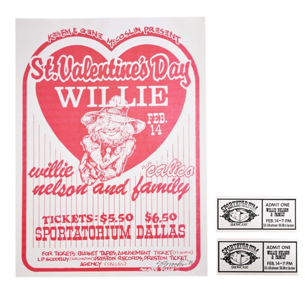 Willie Nelson St. Valentine's Day Handbill 1975: Rare St. Valentine's Day Willie handbill and tickets by Steve Brooks. Featuring Willie Nelson and Family, plus Calico. Dallas Sportatorium, 2/14/1975. From the collection of longtime Willie Nelson art