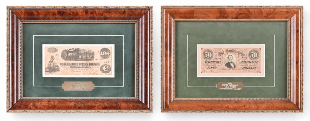(2) Civil War Confederate $100 & $50 Notes Framed: 1862 Confederate $100 note with COA, framed 11.5" x 15.75"; 1864 Confederate $50 framed 12.5" x 16.5".