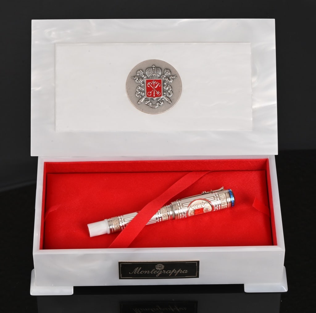 Montegrappa White Nights LE Fountain Pen: Limited Edition of 1305; Dedicated to the third centenary of St. Petersburg’s foundation (1703). Summer Garden and of the Mikhailovski Garden decorate the body, the city’s coat of arms is reproduc