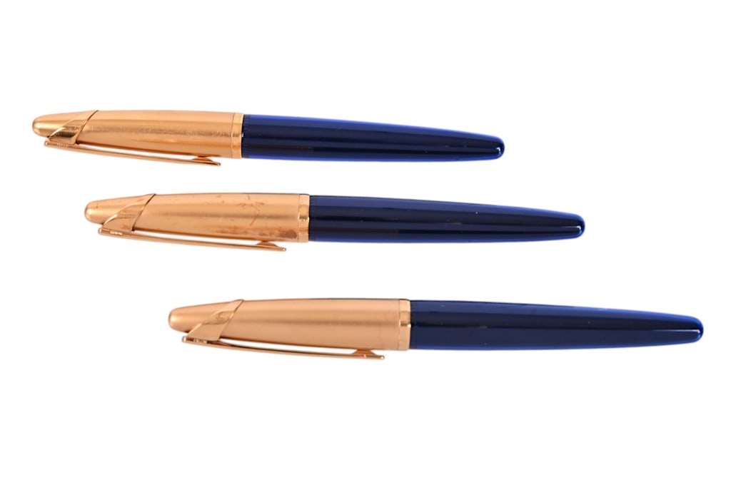 (3) Waterman Edson Sapphire 18K Gold Pens: (2) fountain pens and one rollerball