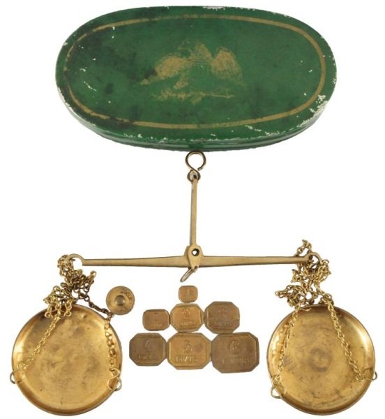 Gold Miners Pocket Scale In Stencilled Case: Early. 6" wide, 3" deep, 1" tall.