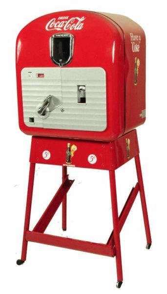 Coca Cola Vendorlator Model 27: Professionally restored inside and out. circa 1948-51. Machine measures 26" tall, 24" wide, 19" deep. Stand measures 31" tall, 25" wide, 21" deep.