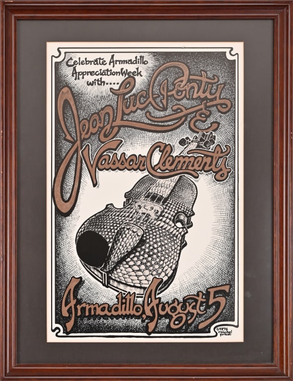 AWHQ Jean Luc Ponty Poster, by Micael Priest '80: Armadillo World Headquarters featuring Jean Luc Ponty, and Vassar Clements. Poster by Micael Priest, 1980. Framed and matted 16.75" x 21.25", sight 11'117.