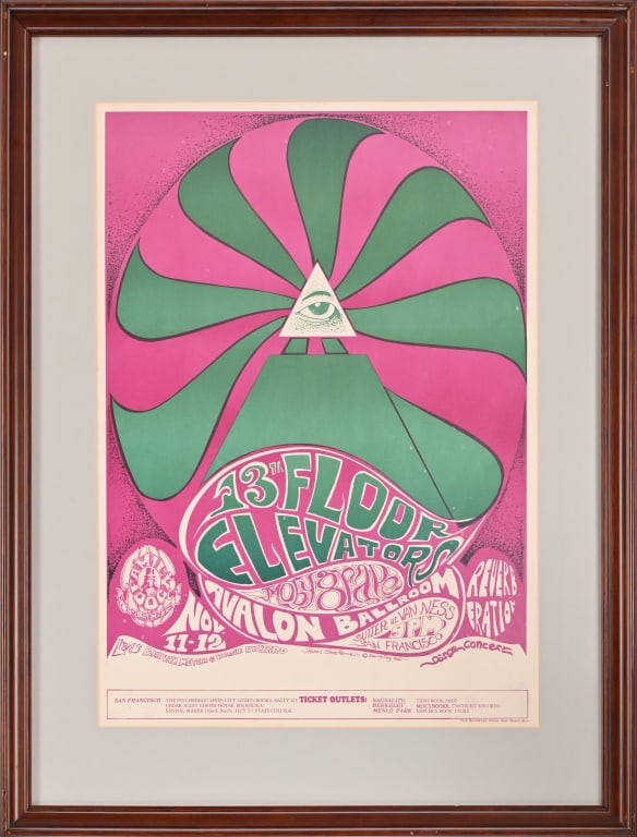 13th Floor Elevators, Avalon Ballroom Poster: Poster by Steve Renick. Featuring 13th Floor Elevators, Moby Grape, and The Reverberations, Avalon Ballroom, San Francisco. Framed and matted 19.5" x 25.5", Sight 13.5" x 19"