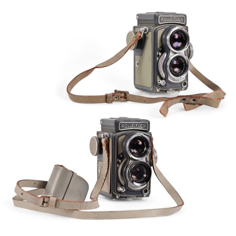 (2) Rolleiflex 4x4 Baby Grey TLR Cameras: With straps, one with case.