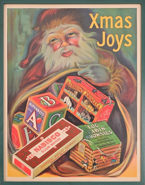 Nabisco Santa Christmas Ad Sign: "Xmas Joys", 29x37 lithograph printed paper sign advertising Nabisco cookies, Barnum Circus animal crackers and Log Cabin brownies. Early 1930s, pre-war Santa Claus.