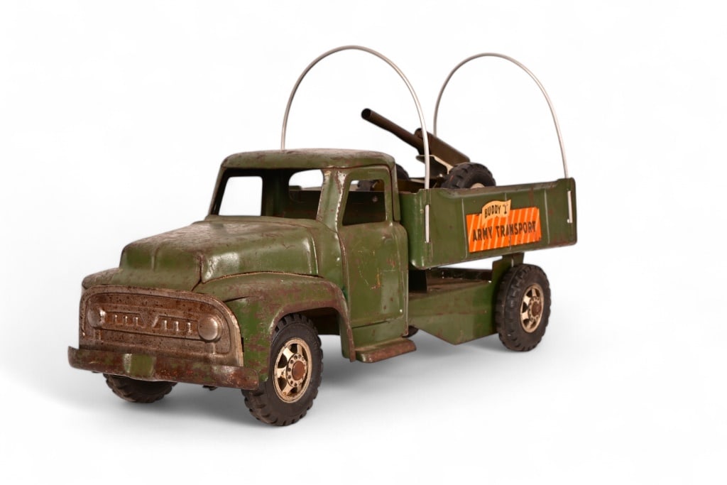 Buddy L Pressed Steel Army Transport w/ Cannon: Pressed Steel Army transport. Cannon spring still working. 20" length, 7" at top of cab.