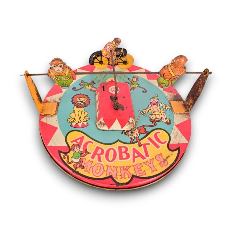 1930's Wyandotte Acrobatic Monkeys Toy: Good colors. Windup does not work. 10" round base, 5" height.
