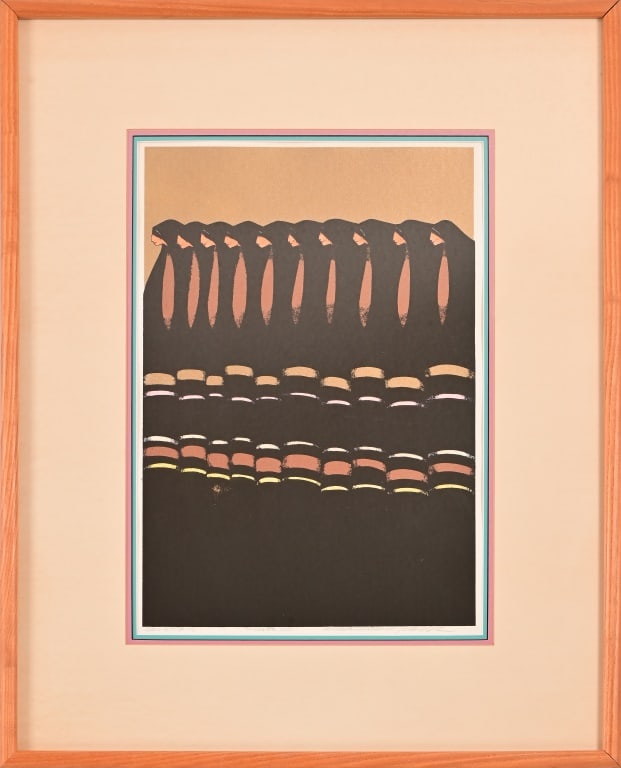Amado M. Peña Jr. Original Mixed Media: "Mujeres, Dos" by Amado M. Pena Jr., 1978, numbered 5/20. Framed and matted 25" x 31