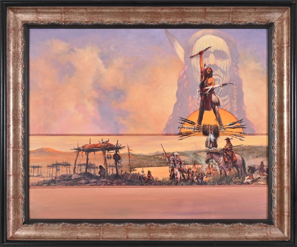 "Medicine Trail", Guy Deel Original Oil Painting: Original painting by Guy Deel, oil on board 24x30. This was used as the cover for pulp western novel, "The Medicine Trail" by G. Clifton Wisler. Includes another smaller sketch by Deel on backside.