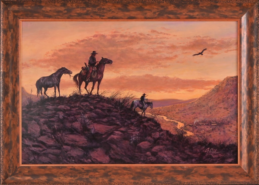 "Texas Anthem", Guy Deel Original Oil Painting: Original oil on board by Guy Deel, used for the cover of Kerry Newcomb's novel, "Texas Anthem", published by St. Martins Press. 20x30 oil on board, frame measures 25.5" x 35.25". Includes smaller, mat