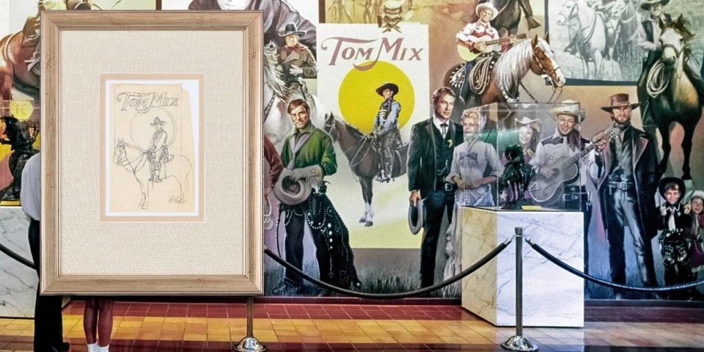 "Tom Mix" Original Sketch by Guy Deel: Pencil on Vellum (Pencil Study for Autry Museum Mural. Sight 7.5" x 11.5" , Frame measures 20x25