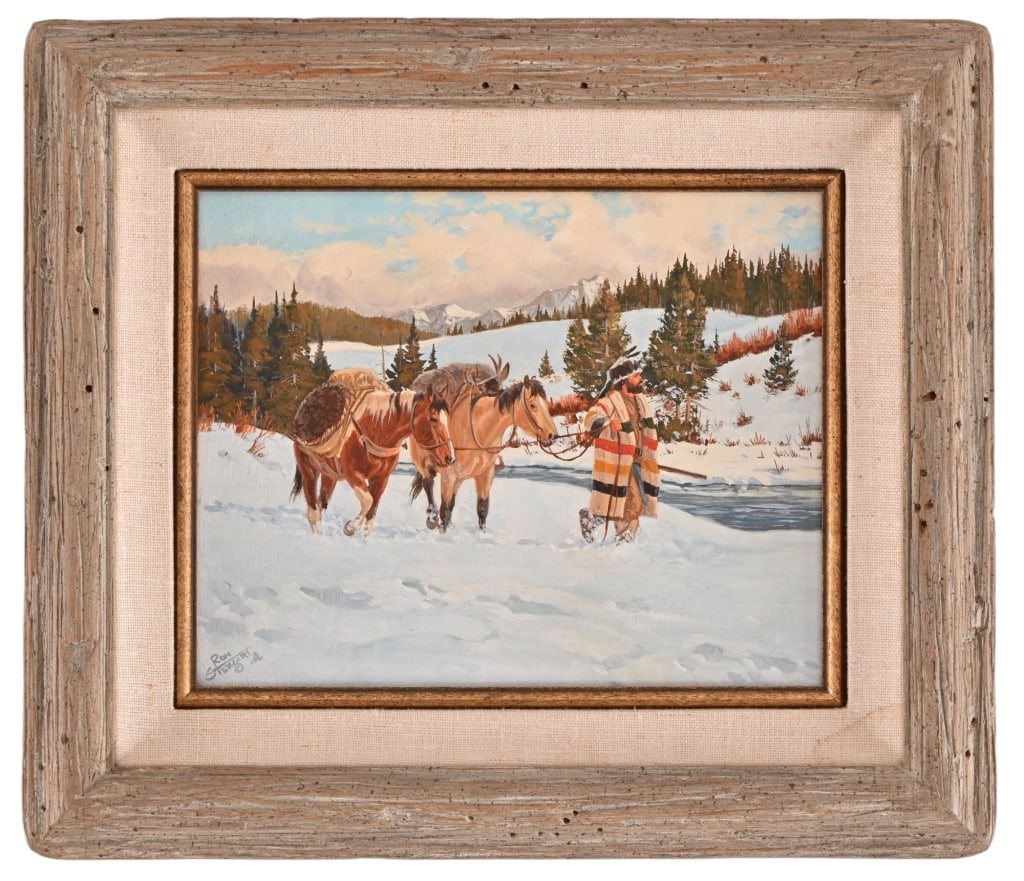 Ron Stewart Original Oil on Board: Ron Stewart (Arizona). Nicely framed Painting. Hunter/ Trapper leading horses. 8" x 10". Framed 13" x 15".