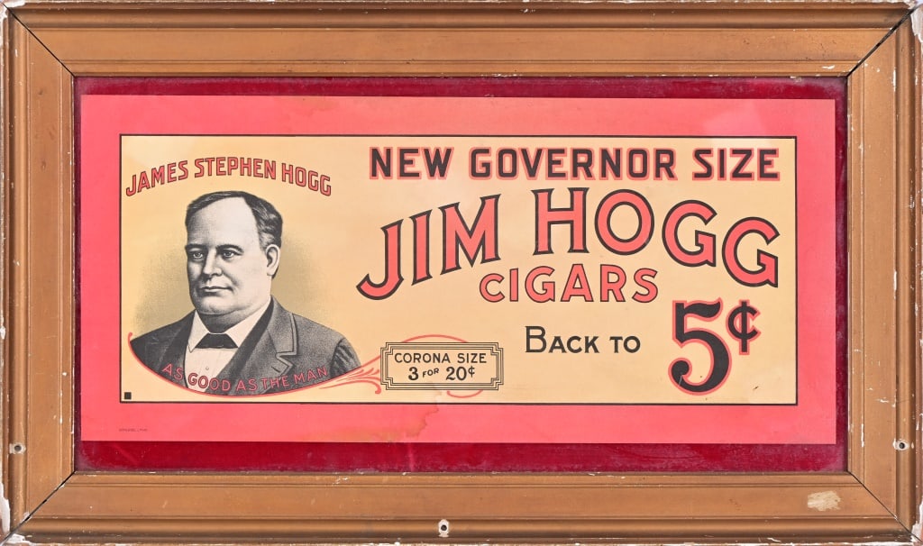 Jim Hogg Cigars Paper Advertising: Jim Hogg Cigars Advertising, Measures 9" x 20" . Frame measures 14 1/2" x 24 3/8"