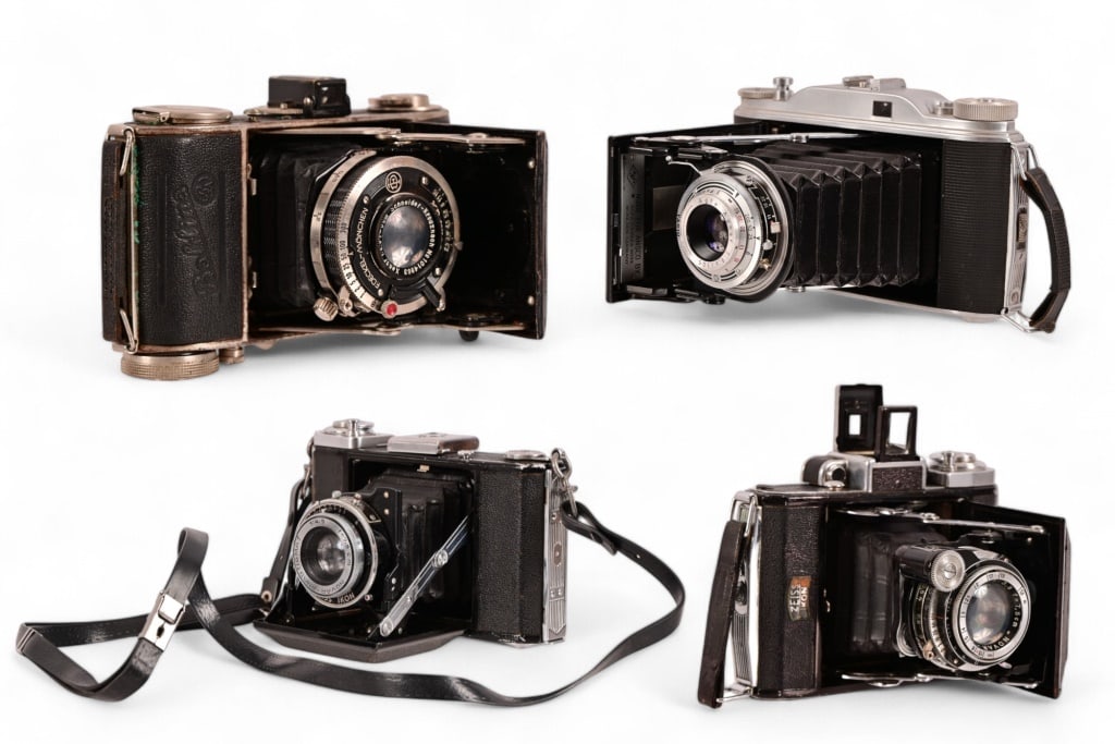 Collection of Vintage German Folding Cameras: F. Deckel Munchen; (2) Zeiss Ikon; Ansco Viking