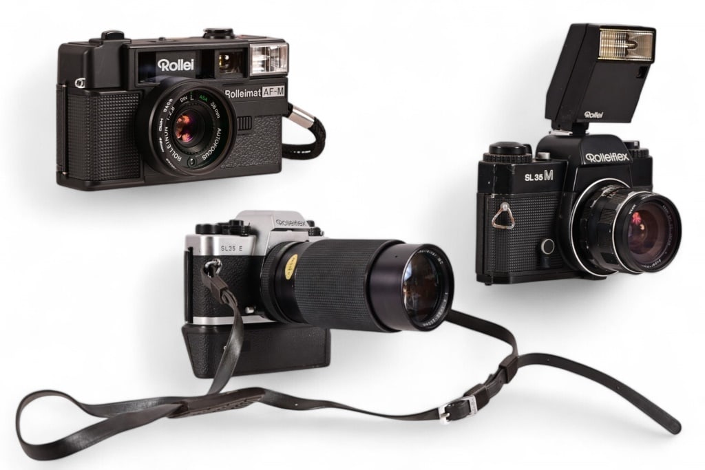 Collection of (3) Rolleiflex Vintage 35mm Cameras: SL35M with Asahi Takumar 1:3.5/28 lens; SL35E with Rolleinar MC 80-200mm lens; also includes Rolleimat AF-M