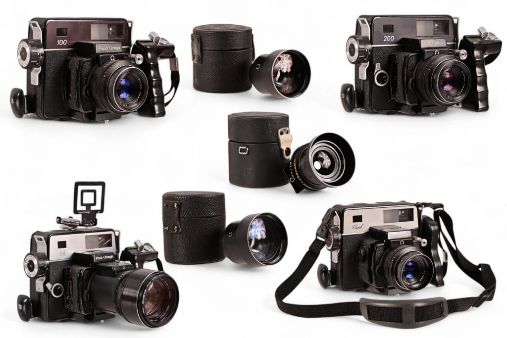 (4) Koni-Omega Rapid Vintage Medium Format Cameras: Koni-Omega Rapid with Super Omegon 90mm; Koni-Omega-M with Koni Omega Hexanon 180mm lens; Rapid-Omega 100 Model with Super Omegon 90mm lens; Rapid Omega 200 Model with Super Omegon 90mm lens. Includes