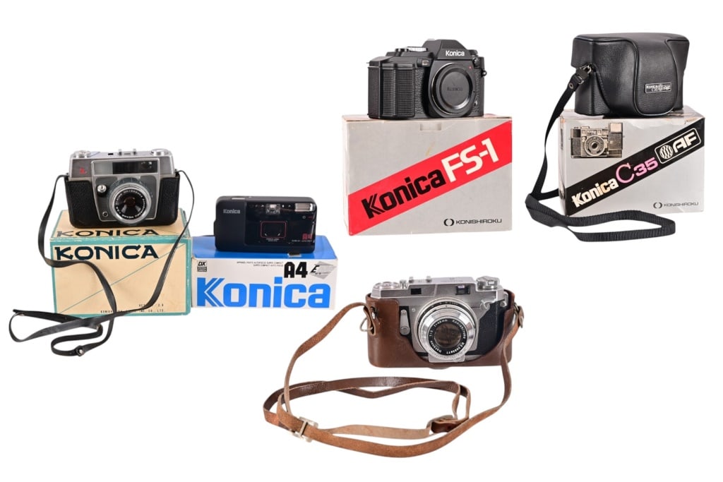 (4) Vintage Konica 35mm Cameras: Includes a Konica III Rangefinder model (very good condition) with Konishiroku Hexagon 48mm lens. Models New-old-stock C35, FS-1, A4 in original boxes; Konica L Model is near mint with original box;