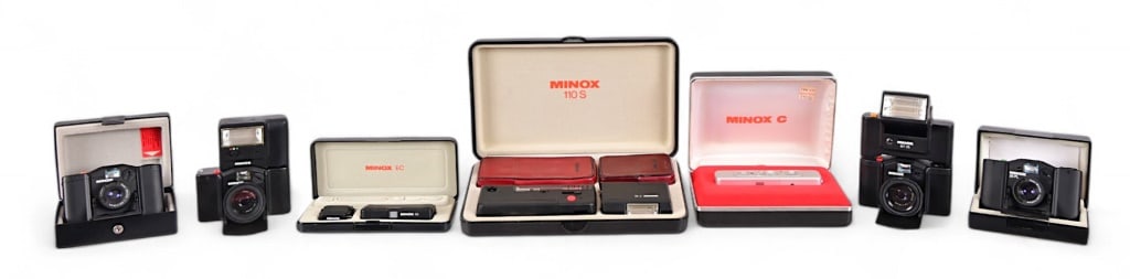 Collection of Vintage Minox Mini/Sub-Mini Cameras: Collection of vintage 1960's German miniature and subminiature cameras, Manufactured by Minox, NOS in original boxes: Minox 110S Set; (2) Minox 35 EL kits in travel case; Minox C