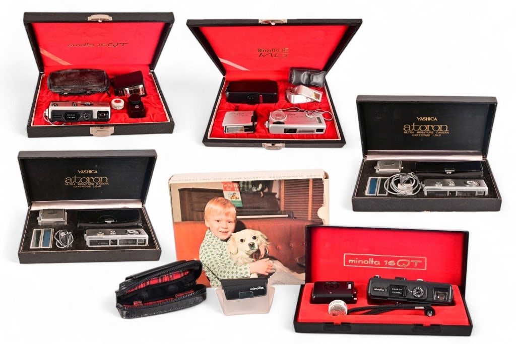 Collection of Vintage Japan Sub-mini Spy Cameras: Collection of vintage 1960's Japanese subminiature cameras, NOS in original boxes. (2) Yashica Atoron; Minolta 16QT Cubegun Kit; Minolta 16QT and Minolta-16 MG