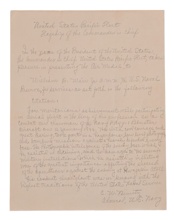 Admiral Nimitz Letter Hand Written & Signed: May 1944 war time letter hand written in pencil & signed C.W. Nimitz, Admiral U.S. Navy. Document measures 8.5" x 11"