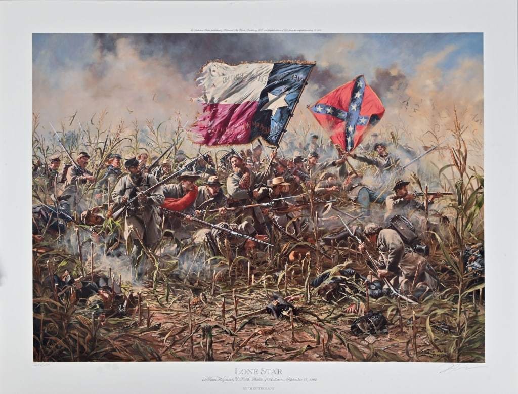 Don Troiani "Lone Star" Texas Civil War Print: Signed and numbered 1204/1500. 1st Texas Regiment, C.S.A. Battle of Antietam, September 17, 1862. Comes with Certificate of Authenticity. Print measures 24 1/2" x 31". Dated 1995. This print resells f
