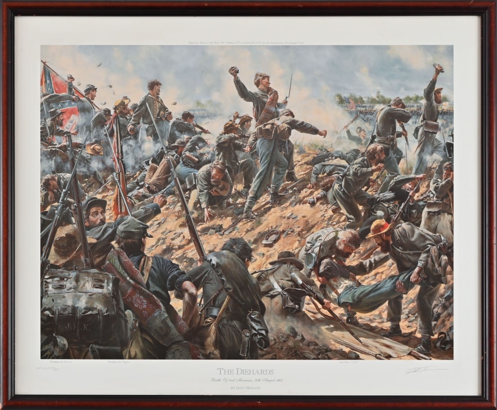 Don Troiani Civil War Print "The Diehards": "The Diehards" Battle of 2nd Manassas, 30th August 1862. Print No. APCWSP 19/25. Published 1991. Print measures 20' x 26". Frame measures 26" x 31 1/2". Comes with Certificate of Authenticity.