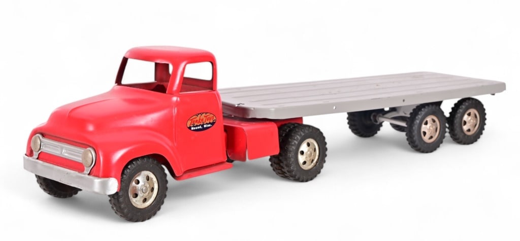 Tonka Toys Pressed Steel Logging Truck & Trailer: 1955 Tonka metal logging truck with trailer. Missing logs and chains. 23" long, 5.5" tall.