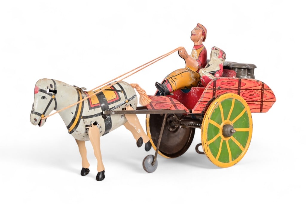 Vintage Marx "Hee Haw Cart" Tin Wind Up Toy: Good colors, donkey is missing an ear. Wind up not functioning. 10" length.