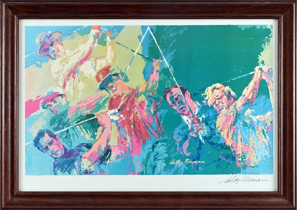 LeRoy Neiman "Golf Champs" Signed Print: Print is signed by Leroy Neiman bottom right, 22.5"x34". Framed 27" x 38".