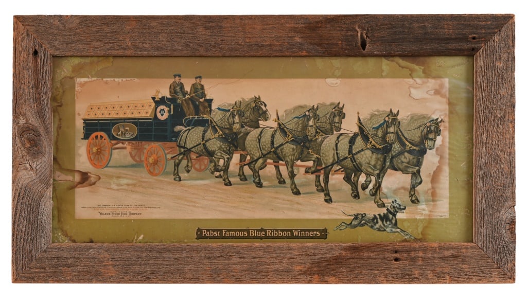 Pabst Blue Ribbon Horse Team Framed Advertisement: "The Champion Six Horse Team Of The World", Compliments of Wilbur Stock Food Company. Rustic frame measures 19" x 36".