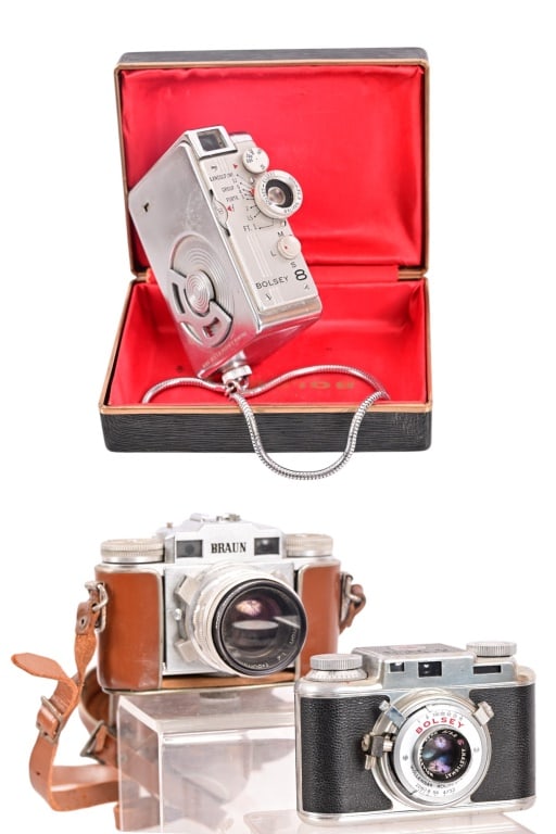 Pair of Bolsey Film & Movie Cameras: Rare Bolsey 8 film camera with it's original box. Bolsey 35 Model B with Wollensak Anastigmat 44mm lens