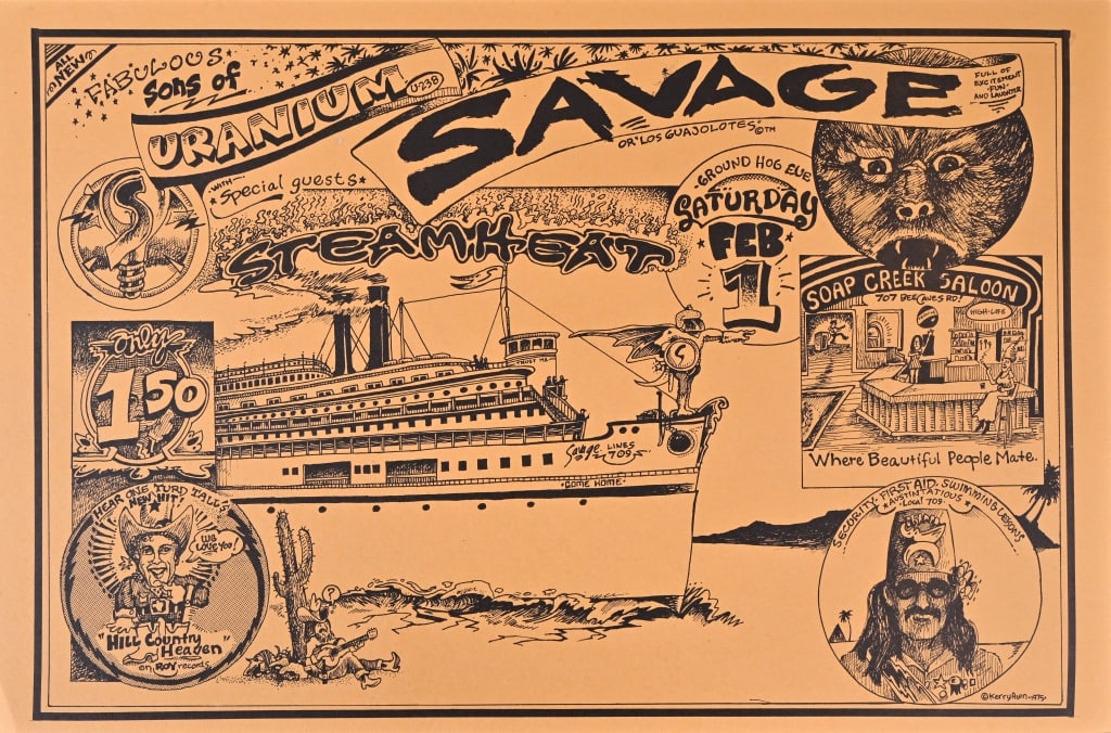 Soap Creek Saloon Poster by Kerry Awn 1975: Sons of Uranium Savages and SteamHeat, Saturday February 1. Poster measures 11x17 Original poster from artist Rick Turner's collection.