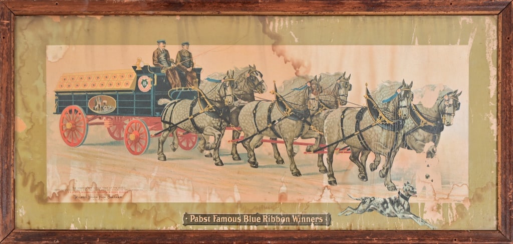 Pabst Famous Blue Ribbon Winners Advertisement: The Champion Six Horse Team of the World. Compliments of Wilbur Stock Food Company. Framed 15 1/2" x 32 1/2".