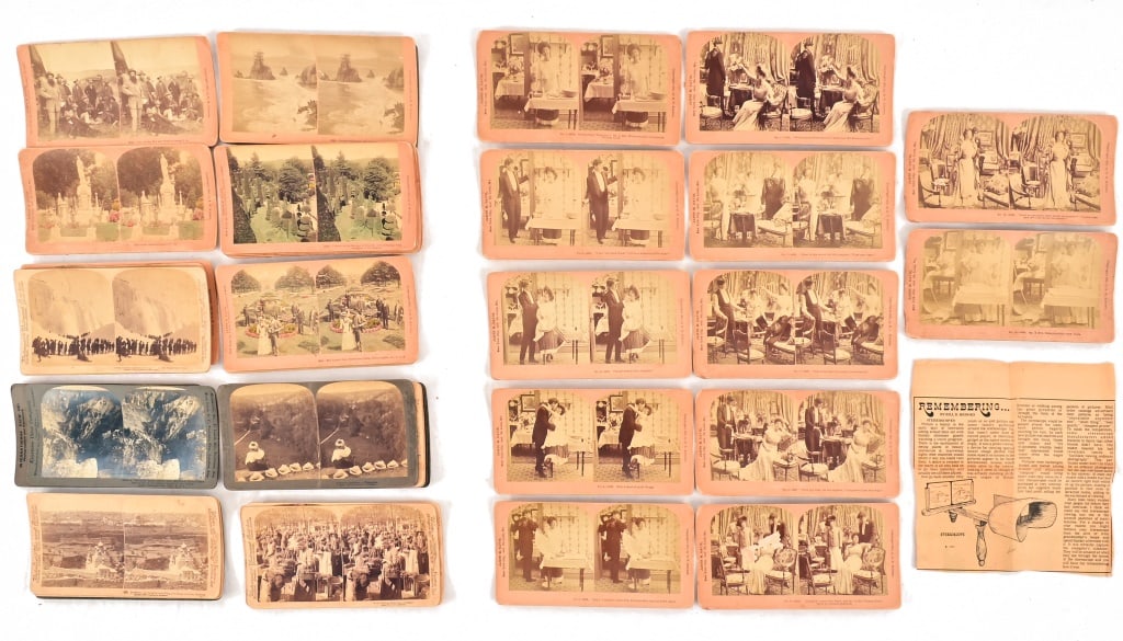 Collection of Stereoscope Photo Cards: A great Stereoscope card collection of scenic views all across America, Germany, Holland, Palestine, China among others. Even multiple card scene, telling a hilarious tale of a husband getting a littl
