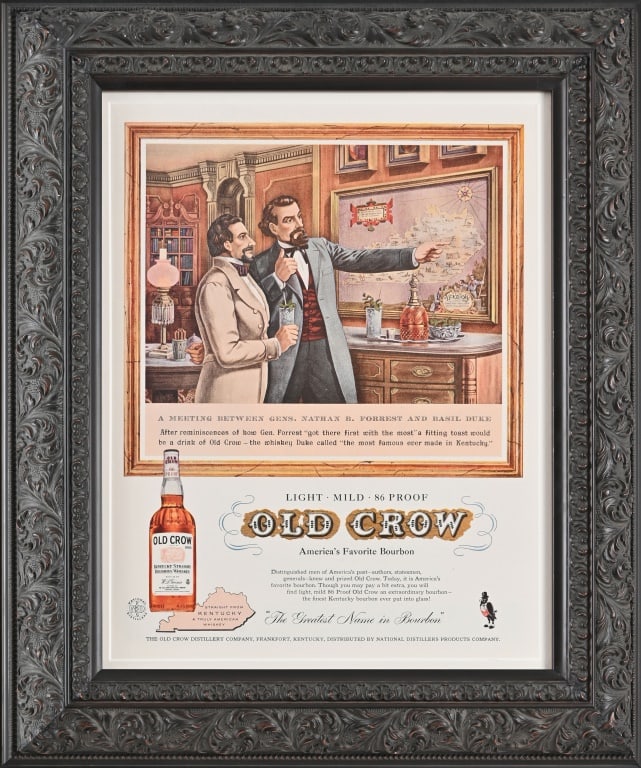 Old Crow Whiskey General Forrest Framed Lithograph: Framed lithograph advertising Old Crow Whiskey, featuring Confederate Generals Nathan Bedford Forrest and Basil Duke. Frame measures 15.5" x 18.25"