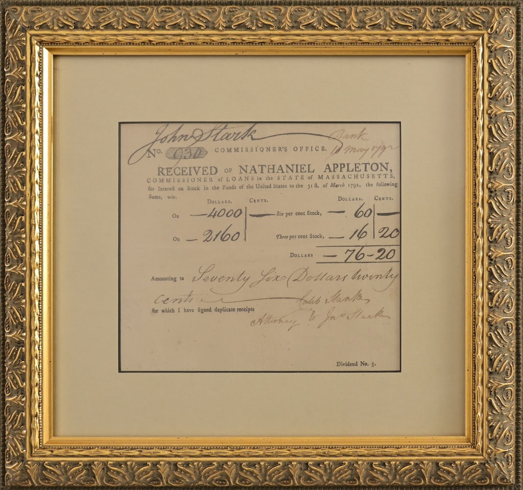 1792 Massachusetts Commission of Loans Document: Framed document dated 10 May 1792. American Revolutionary General John Stark.