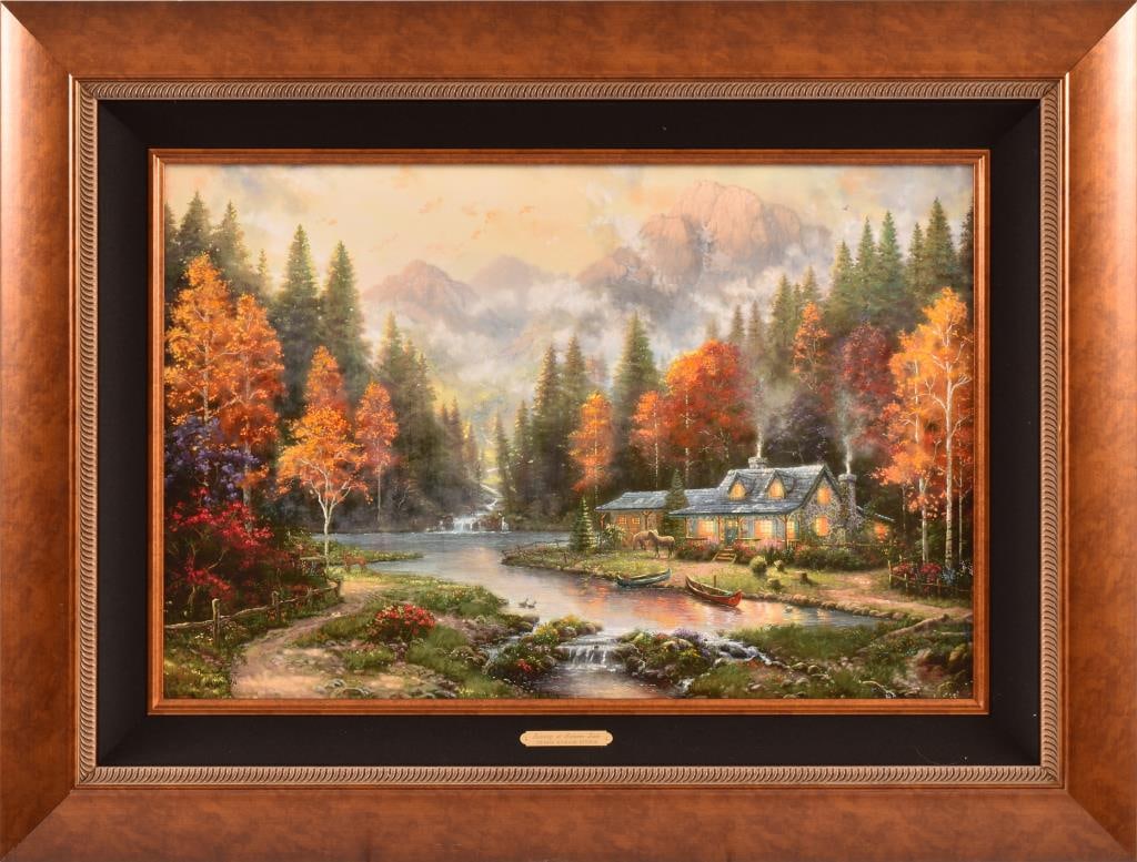 Thomas Kinkade Canvas Print Evening at Autumn Lake: "Evening at Autumn Lake" 104/295, 18" x 27" canvas print with COA.