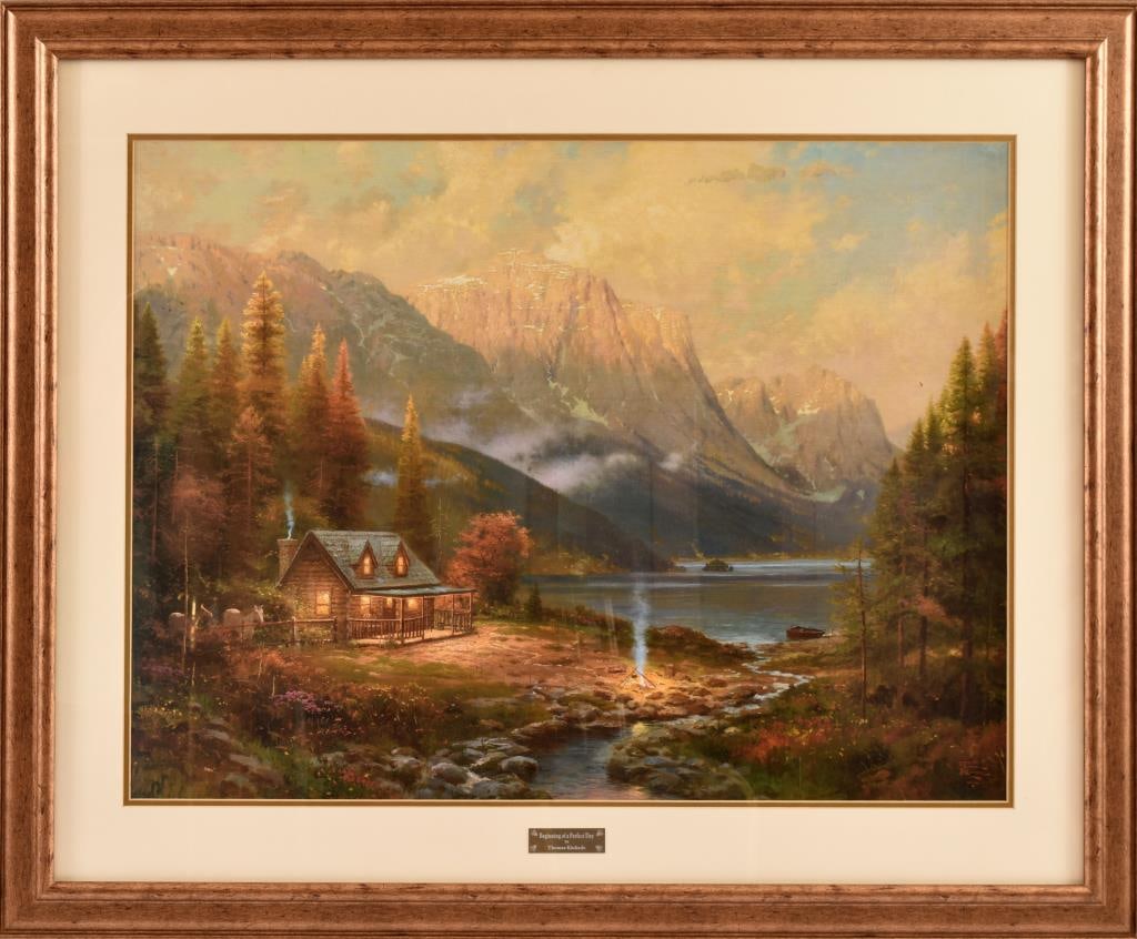 Thomas Kinkade Canvas Print: "Beginning of a Perfect Day" 36" x 44" framed, with COA. Some water damage to matting.