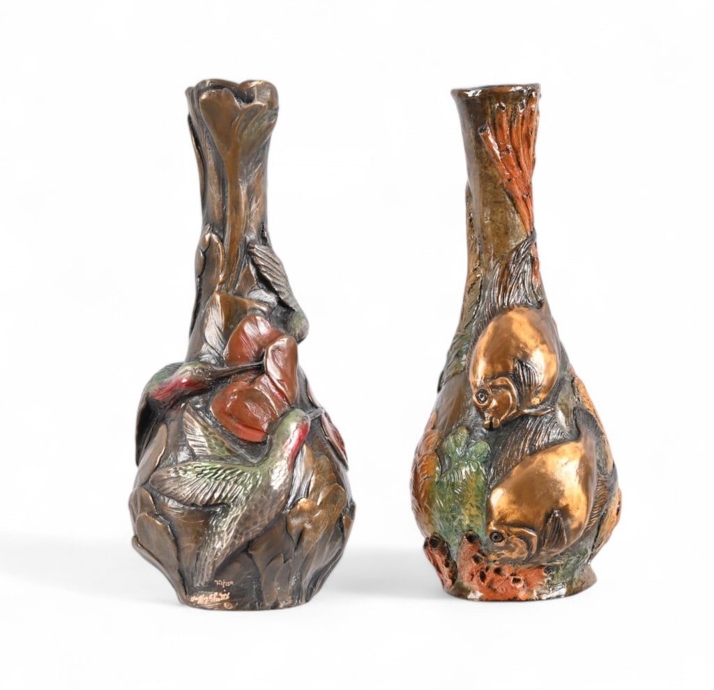 Geoffrey C. Smith Bronze Vase (Pair): Limited edition Reef Scene 35/200, and Hummingbirds 29/200. Both measure 3.5" x 8.5"