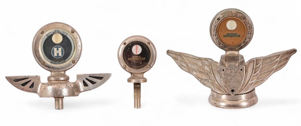 Antique Boyce Moto-Meters (3) San Antonio Texas: Monogram Junior Model with winged cap; Hupmobile model Citizens Auto Co. San Antonio Texas, with winged cap; Midge Model, no cap.