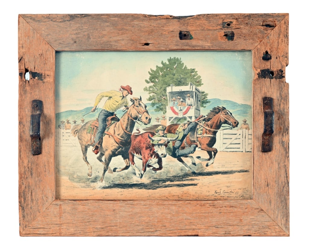Frank Serratoni Steer Dogging Print: Wood frame has handles and measures 18.5" x 22.5"