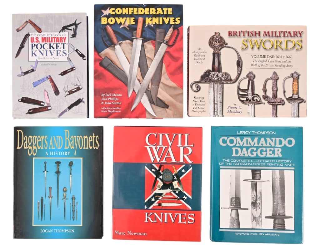 Collection of Edged Weapons Reference Books: Collectors books on edged weapons that in include Confederate Bowie Knives, Commando Dagger, U.s. Military Pocket Knives, Civil War Knives, British Military Swords, and Daggers an Bayonets.