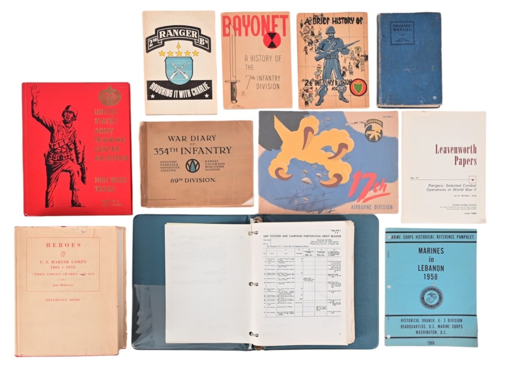 Collection of Militaria Books: Collectors books that include Privates' Manual, A Brief History of the 24 Infantry Division in Korea, 2nd Ranger Battalion Roughing it with Charlie, Rangers: Selected Combat Operations in WW2, Bayonet